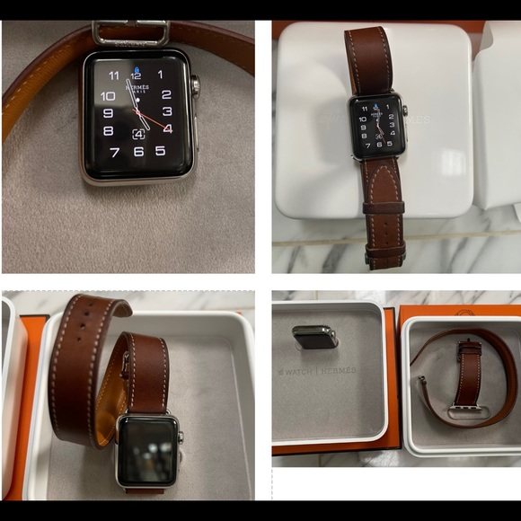 HERMES APPLE WATCH , WITH 38mm FAUVE BERENIA HANDMADE LEATHER DOUBLE TOUR BAND - Picture 4 of 16